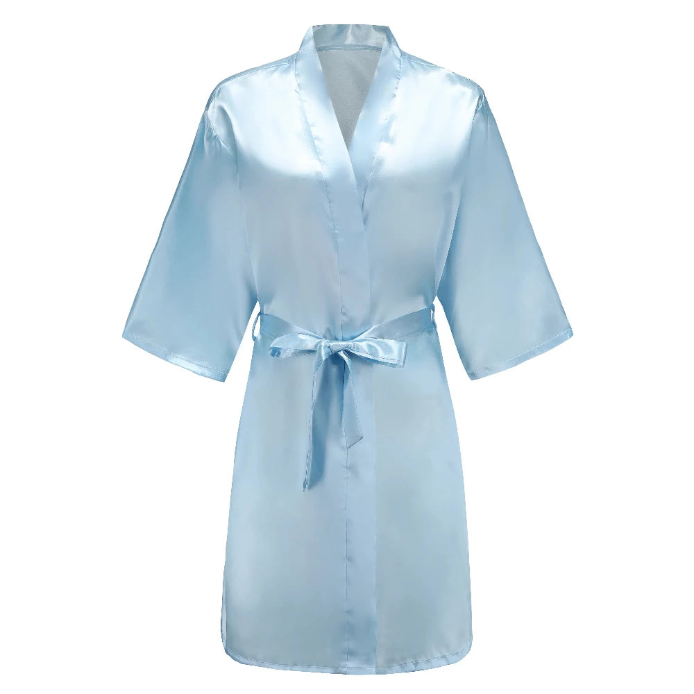 Light blue women's satin robe short kimono for bride & bridesmaid, perfect for wedding party satin robe.