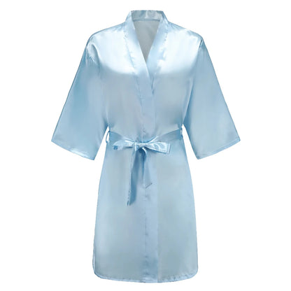 Light blue women's satin robe short kimono for bride & bridesmaid, perfect for wedding party satin robe.