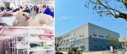 Factory images showing workers handling fabrics, organized stockroom, and exterior view of manufacturing facility.