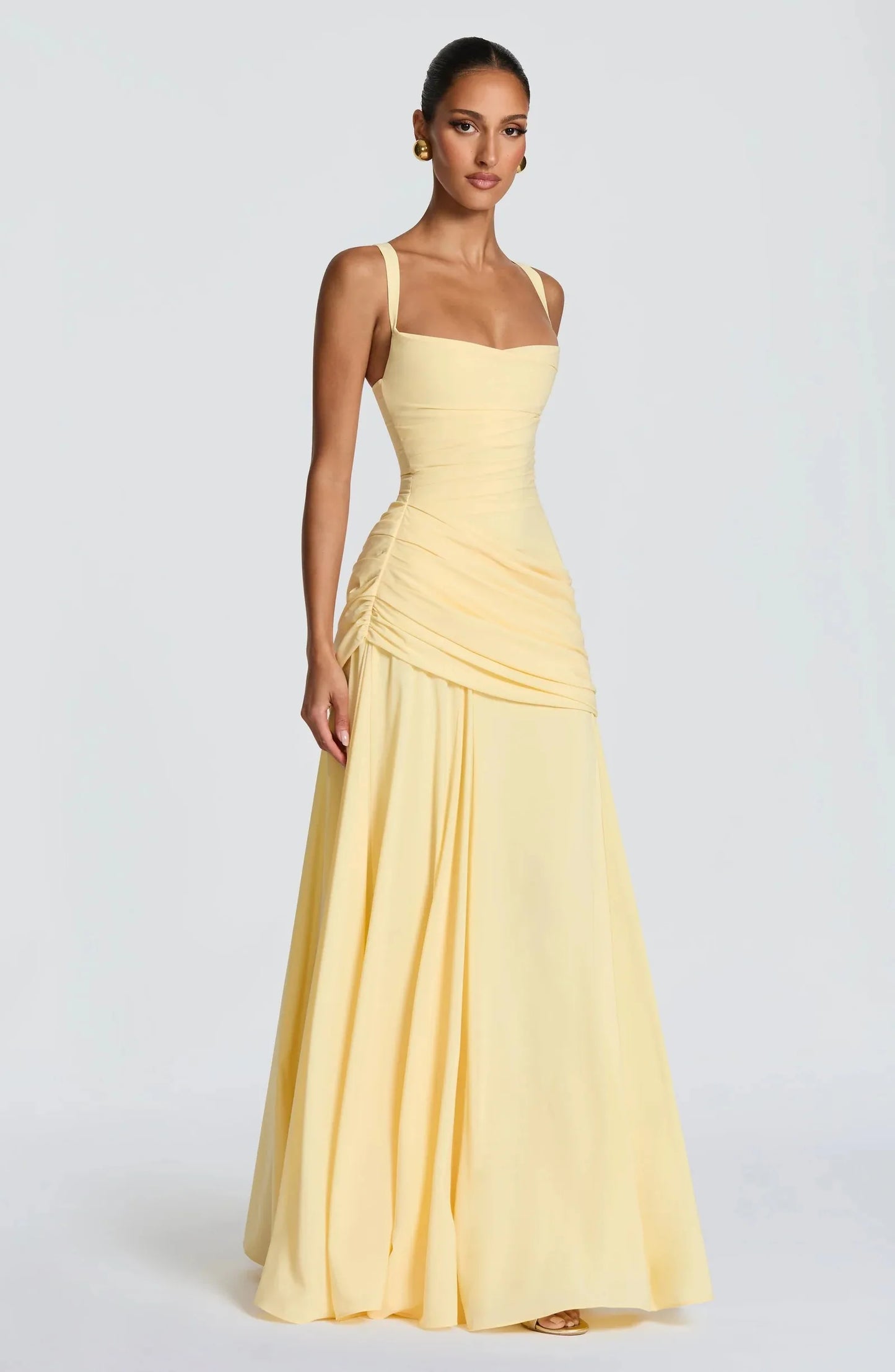Yellow Chiffon Maxi Dress Elegant Halter/Strapless Ruched Formal Evening Gown High Slit Prom Dress for Wedding Cocktail Party