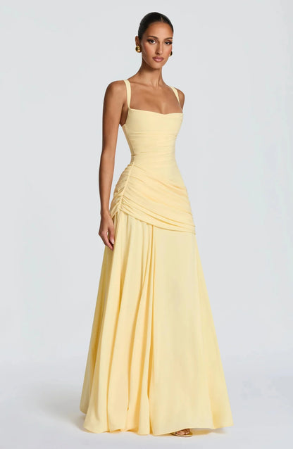 Yellow Chiffon Maxi Dress Elegant Halter/Strapless Ruched Formal Evening Gown High Slit Prom Dress for Wedding Cocktail Party