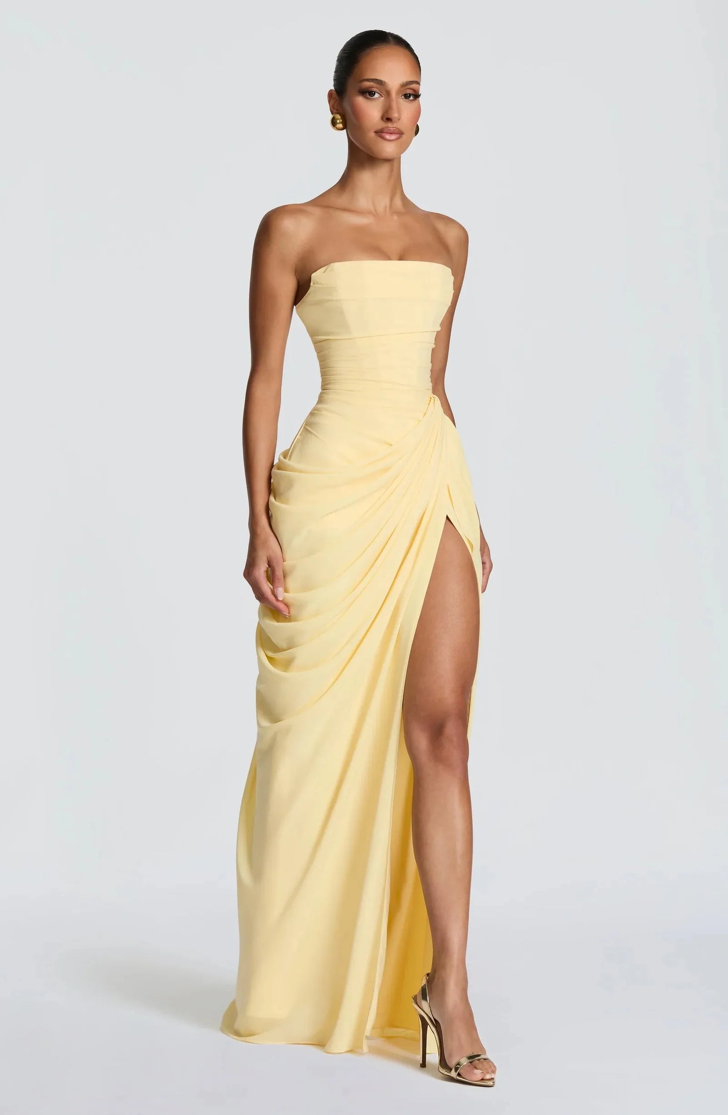 Yellow Chiffon Maxi Dress Elegant Halter/Strapless Ruched Formal Evening Gown High Slit Prom Dress for Wedding Cocktail Party