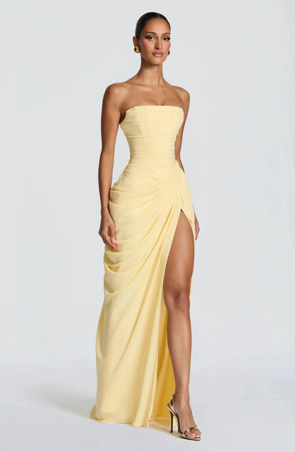 Yellow Chiffon Maxi Dress Elegant Halter/Strapless Ruched Formal Evening Gown High Slit Prom Dress for Wedding Cocktail Party