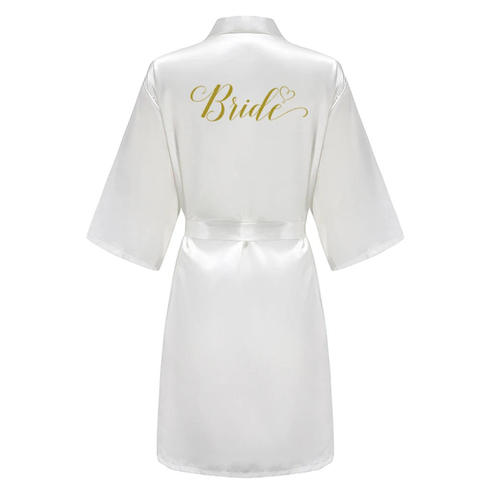 Light Blue Women's Satin Robe Short Kimono for Bride & Bridesmaid, wedding party satin robe with Bride lettering.