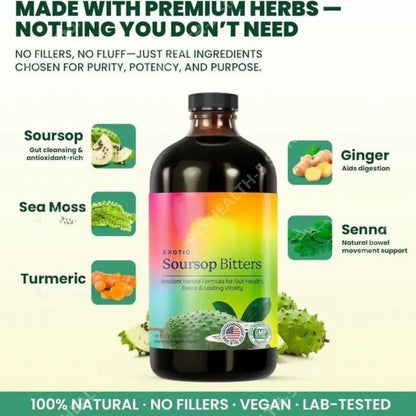Soursop Bitters Drops Liquid Organic Herbal with Black Seed Moringa Supports Digestive Wellness Immune 473ml