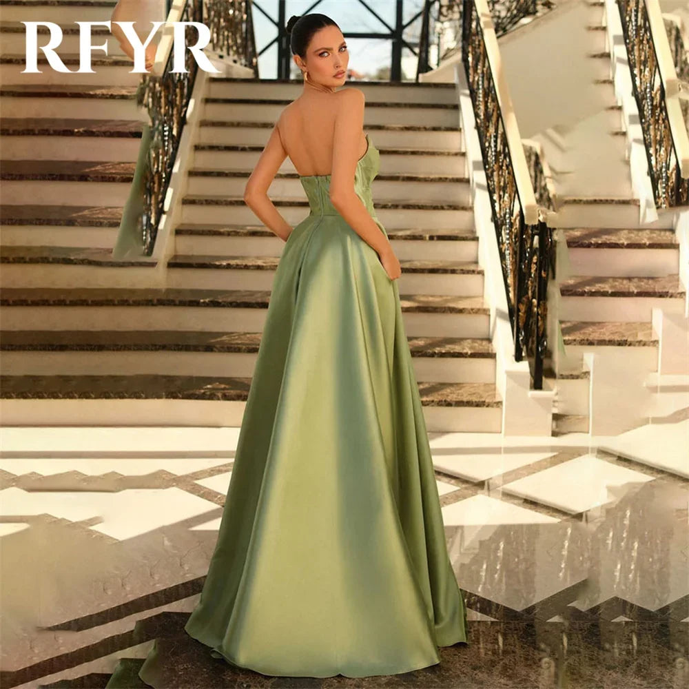RFYR Satin Strapless Ruched A-Line Evening Gown with High Slit, Elegant Prom Party Dress, Celebrity Inspired Custom Formal Dress