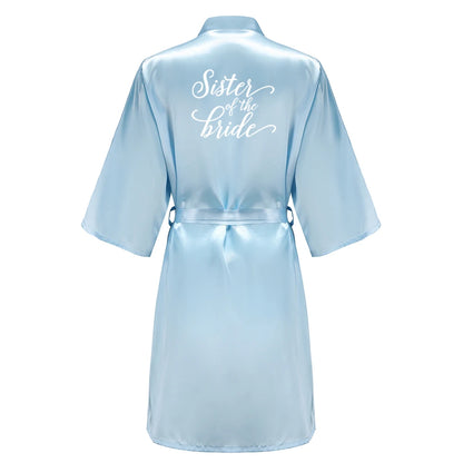 Light blue women's satin robe with 'Sister of the Bride' lettering, perfect for wedding party satin robe.