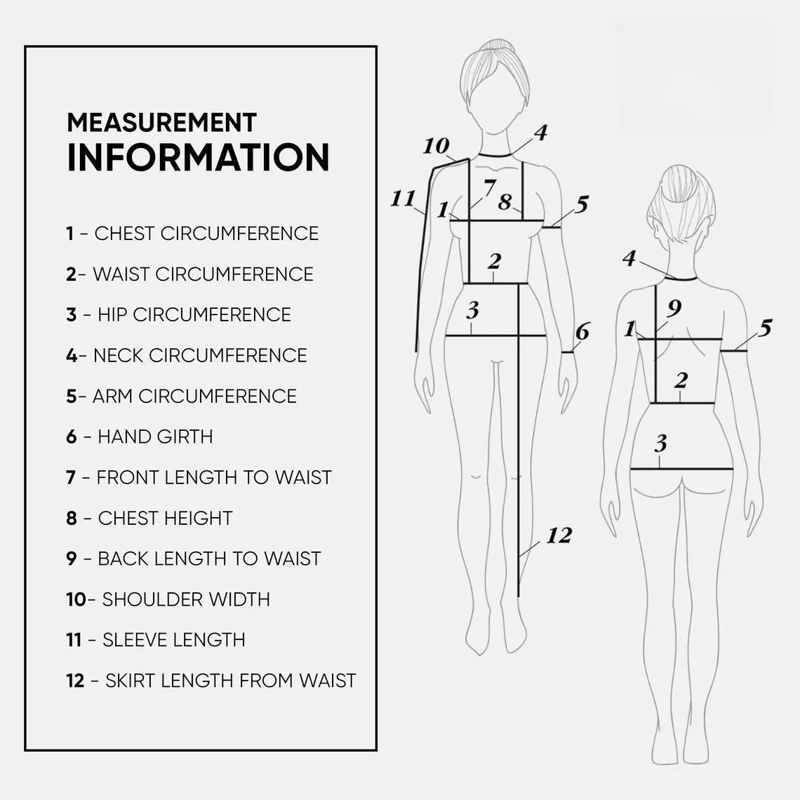 Measurement information for women's clothing including chest, waist, hip circumference, and more.