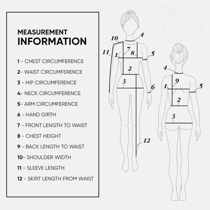 Measurement information for women's clothing including chest, waist, hip circumference, and more.