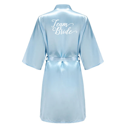 Light Blue Women's Satin Robe Short Kimono for Bride & Bridesmaid With White Letter, Wedding Party Robes