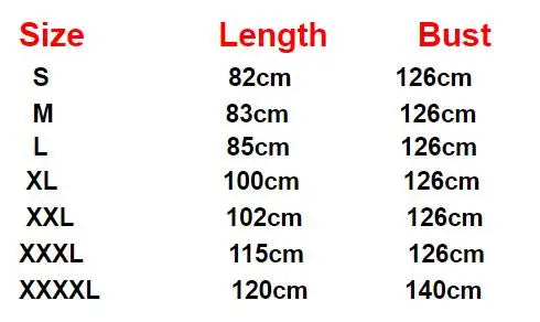 Size chart for bridesmaid satin robes showing lengths and bust measurements for small to XXXXXL.