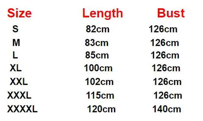 Size chart for bridesmaid satin robes showing lengths and bust measurements for small to XXXXXL.