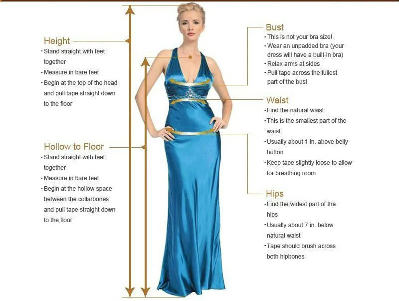 Model in blue satin gown demonstrating measurements for bust, waist, hips, height, and hollow to floor for dress fitting.