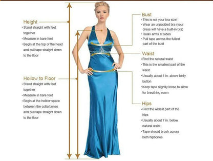 Model in blue satin gown demonstrating measurements for bust, waist, hips, height, and hollow to floor for dress fitting.