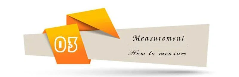 Graphic showing measurement instructions with the text '03 Measurement How to measure' on a stylized ribbon design.