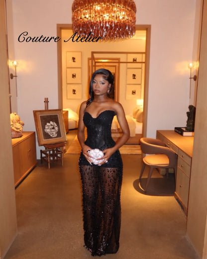 Aso Ebi Style Luxury Black Stones Evening Dresses Illusion Prom Gowns Elegant Evening Dress Wedding Party Mermaid Customized