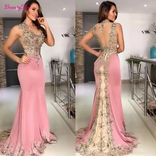 Mermaid evening dresses featuring a stunning gold lace and crystal beaded design, perfect for formal occasions.