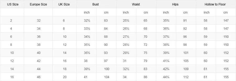 Size chart for dresses showing US, Europe, and UK sizes with measurements for bust, waist, hips, and hollow to floor.