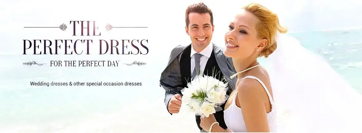A happy couple on their wedding day, showcasing elegant wedding dresses and special occasion dresses for the perfect day.