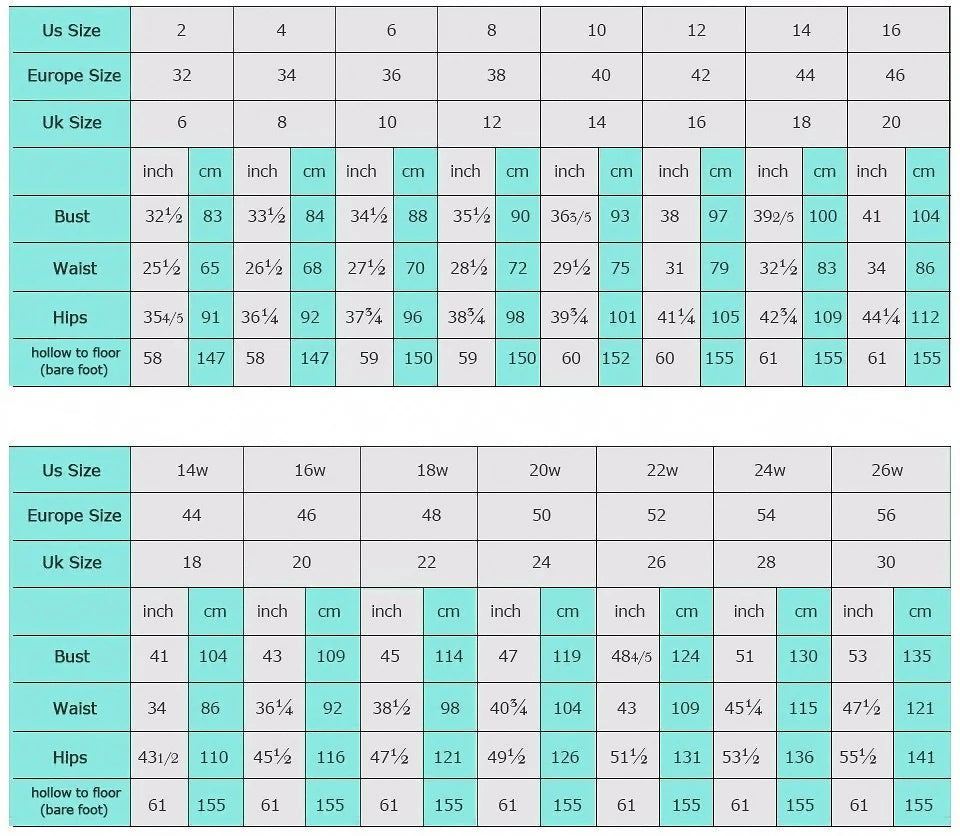 Size chart for dresses including US, Europe, and UK sizes with bust, waist, and hip measurements for accurate fit.