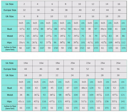 Size chart for dresses including US, Europe, and UK sizes with bust, waist, and hip measurements for accurate fit.