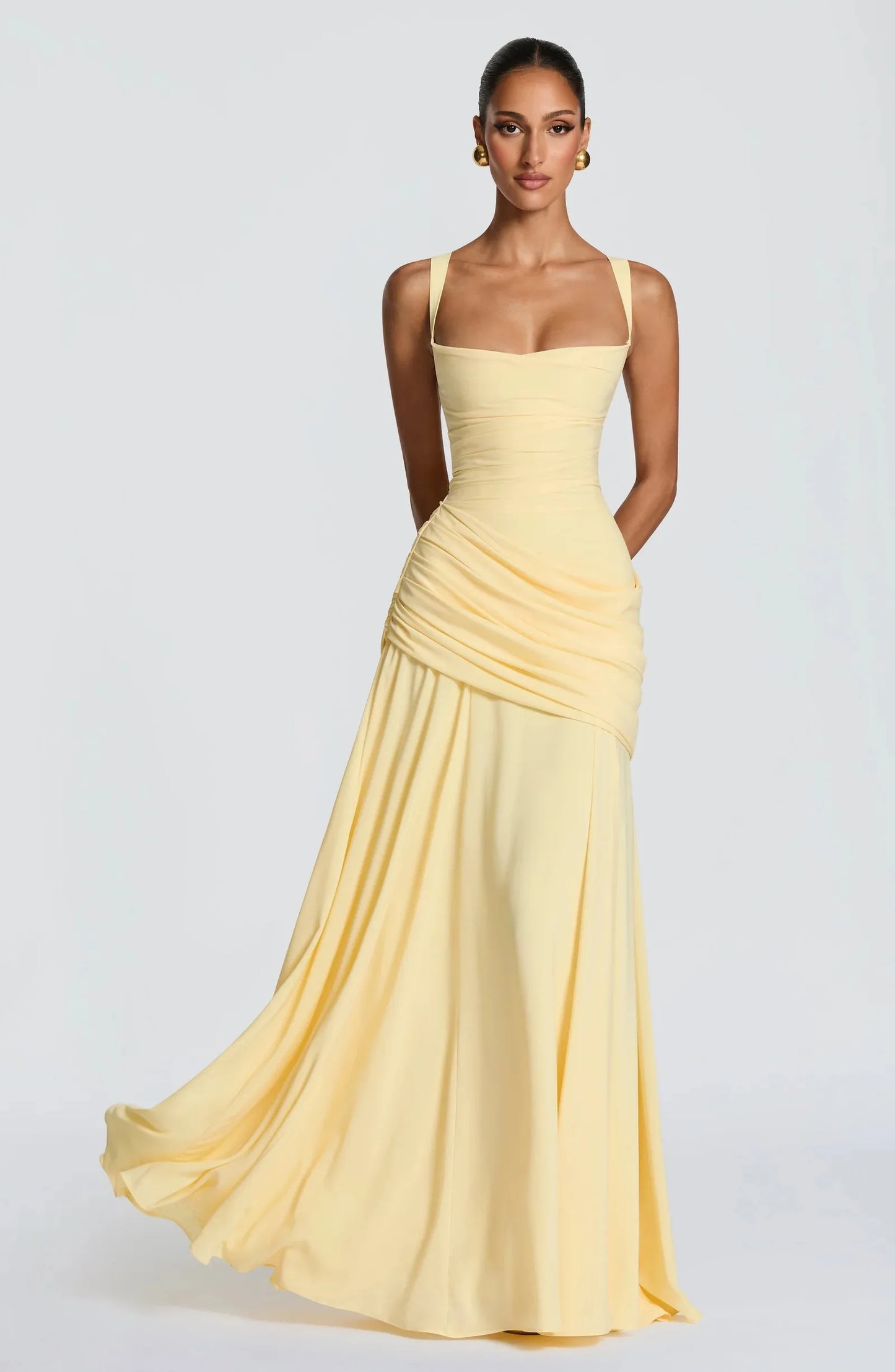 Yellow Chiffon Maxi Dress Elegant Halter/Strapless Ruched Formal Evening Gown High Slit Prom Dress for Wedding Cocktail Party