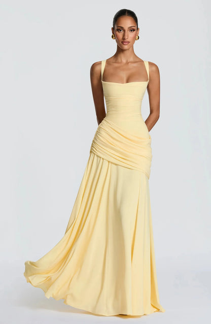Yellow Chiffon Maxi Dress Elegant Halter/Strapless Ruched Formal Evening Gown High Slit Prom Dress for Wedding Cocktail Party