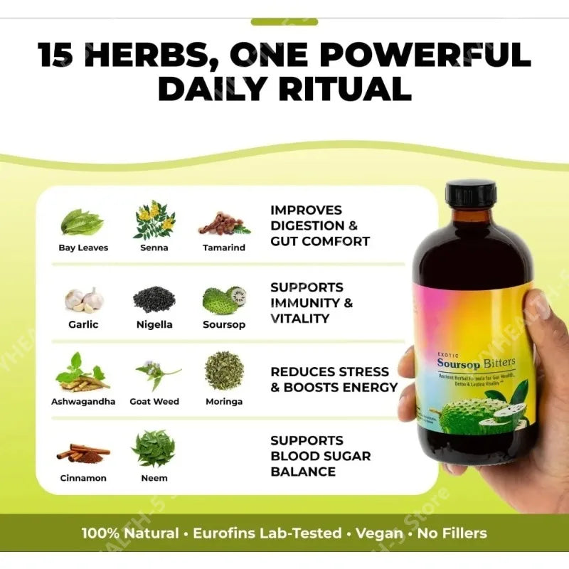 Soursop Bitters Drops Liquid Organic Herbal with Black Seed Moringa Supports Digestive Wellness Immune 473ml