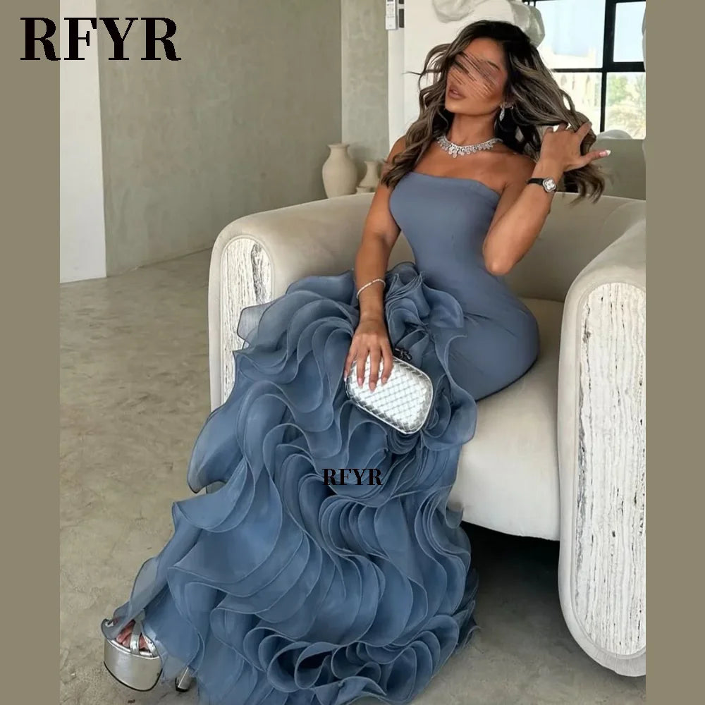 RFYR Asymmetrical prom gown with tiered layers in gray, featuring ruffles and draped design, perfect for formal occasions.