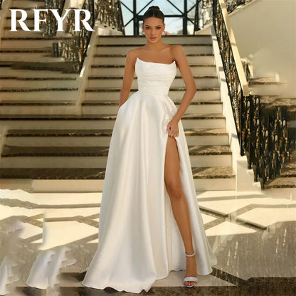 RFYR Satin Strapless Ruched A-Line Evening Gown with High Slit, Elegant Prom Party Dress, Celebrity Inspired Custom Formal Dress