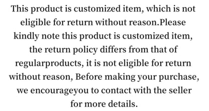 Customized item return policy notice for non-returnable products without reason.