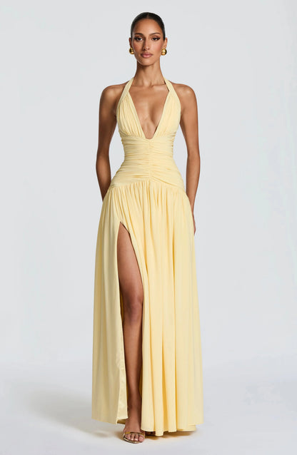 Yellow Chiffon Maxi Dress Elegant Halter/Strapless Ruched Formal Evening Gown High Slit Prom Dress for Wedding Cocktail Party