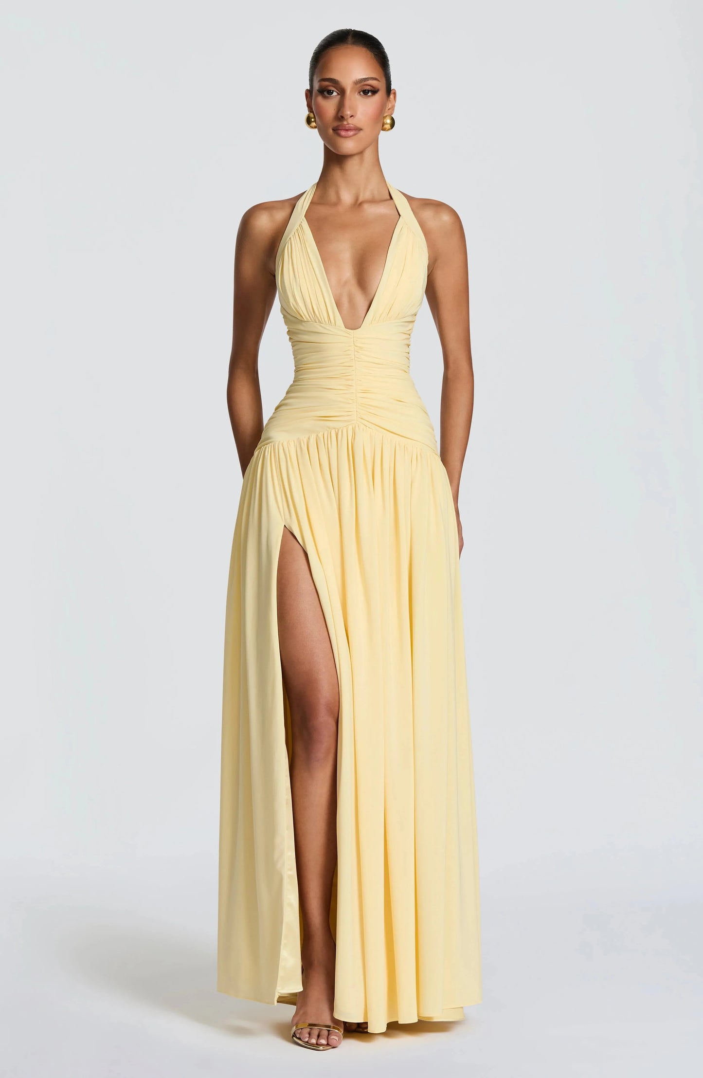 Yellow Chiffon Maxi Dress Elegant Halter/Strapless Ruched Formal Evening Gown High Slit Prom Dress for Wedding Cocktail Party