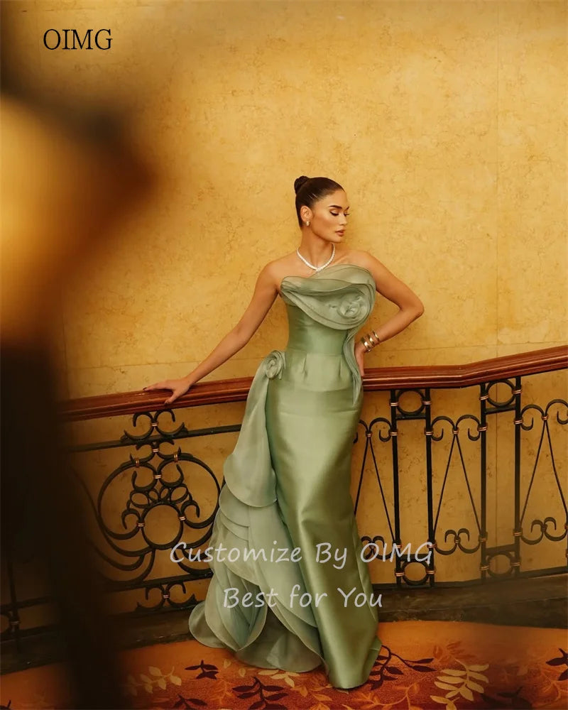 OIMG Green Strapless Mermaid Prom Gown Satin Backless Evening Dress with Ruched Detail