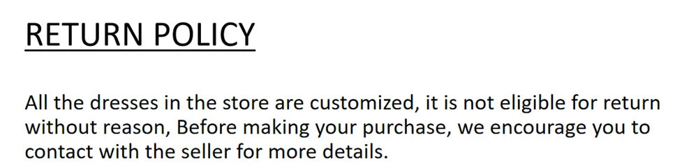 Return policy details for customized dresses, eligibility for return, contact seller for more information.