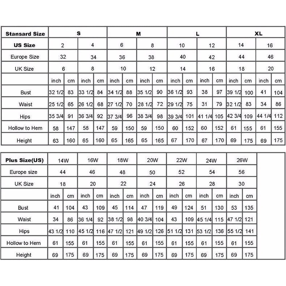 Size chart for KSDN women's evening dresses including standard and plus sizes measurements.