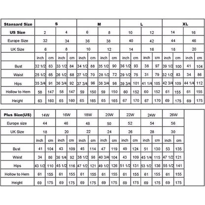 Size chart for KSDN women's evening dresses including standard and plus sizes measurements.