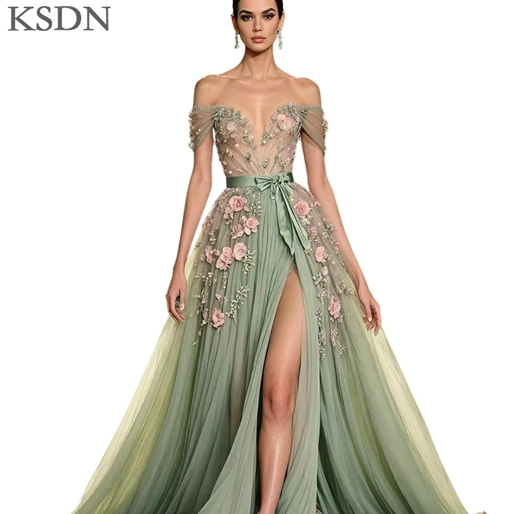 off the shoulder evening dresses featuring floral appliques and a flowing tulle design in elegant green tones.
