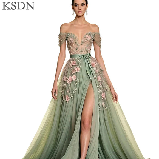 off the shoulder evening dresses featuring floral appliques and a flowing tulle design in elegant green tones.