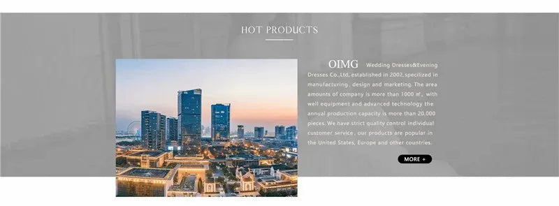 OIMG company buildings in a city skyline, showcasing their focus on wedding and prom gowns.