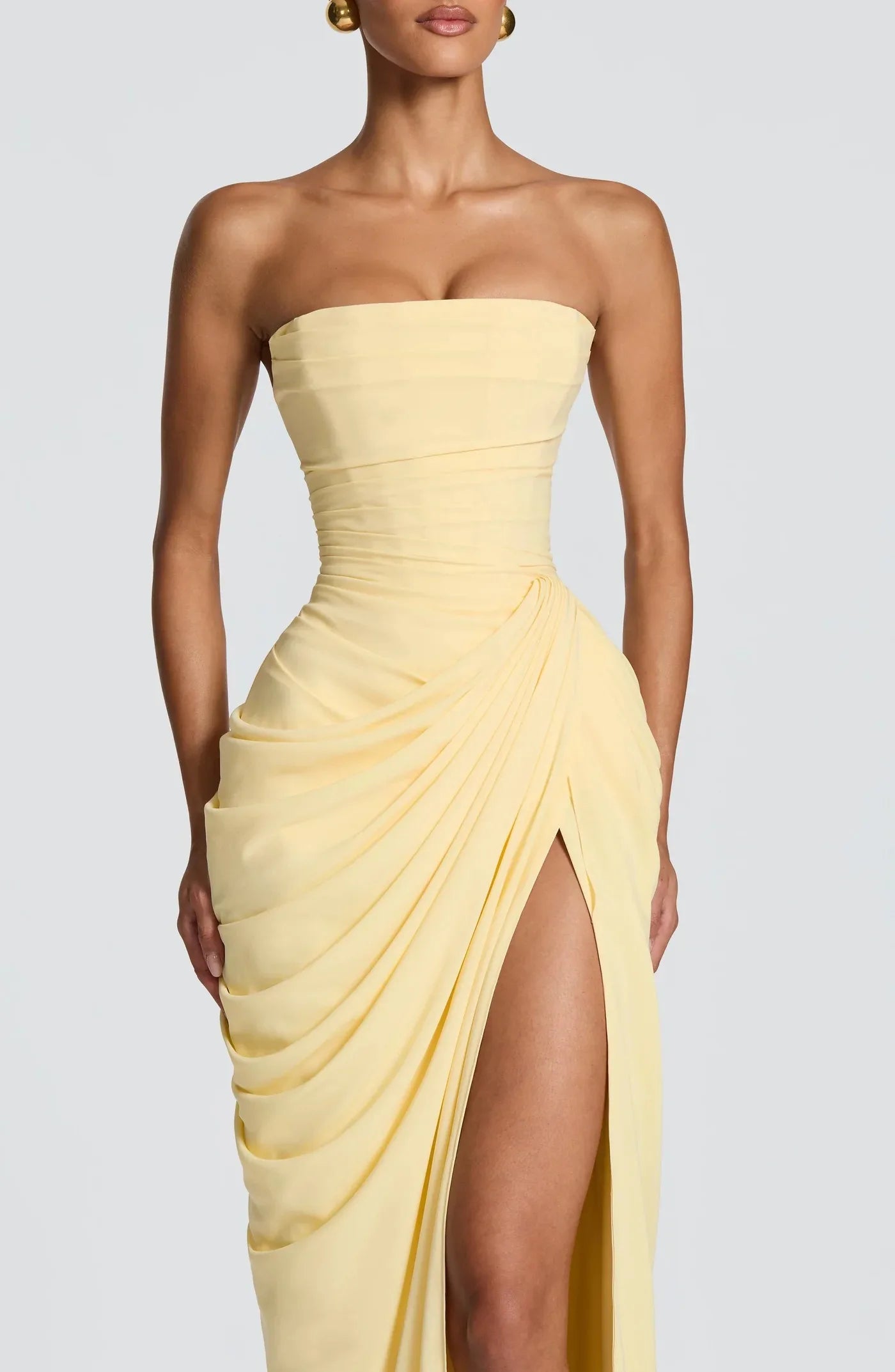 Yellow Chiffon Maxi Dress Elegant Halter/Strapless Ruched Formal Evening Gown High Slit Prom Dress for Wedding Cocktail Party