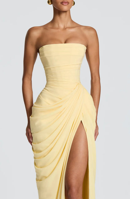 Yellow Chiffon Maxi Dress Elegant Halter/Strapless Ruched Formal Evening Gown High Slit Prom Dress for Wedding Cocktail Party
