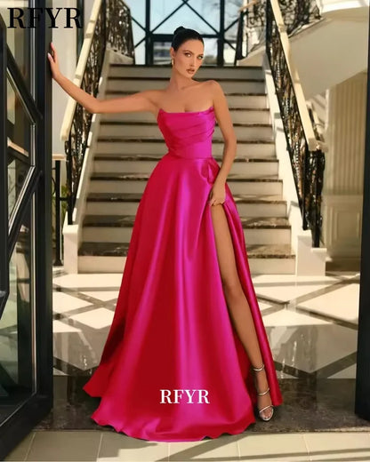 RFYR Satin Strapless Ruched A-Line Evening Gown with High Slit, Elegant Prom Party Dress, Celebrity Inspired Custom Formal Dress