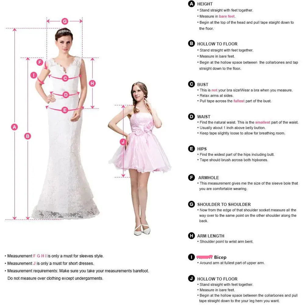 Measuring guide for elegant evening dresses with 3D flowers, detailing measurements for height, bust, waist, and more.