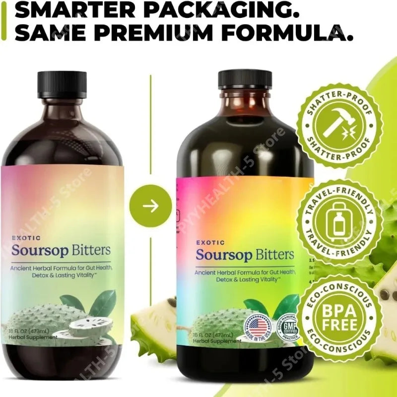 Soursop Bitters Drops Liquid Organic Herbal with Black Seed Moringa Supports Digestive Wellness Immune 473ml