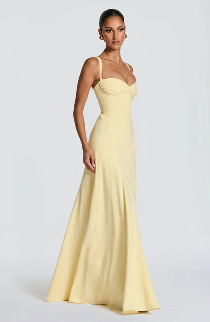 Yellow Chiffon Maxi Dress Elegant Halter/Strapless Ruched Formal Evening Gown High Slit Prom Dress for Wedding Cocktail Party
