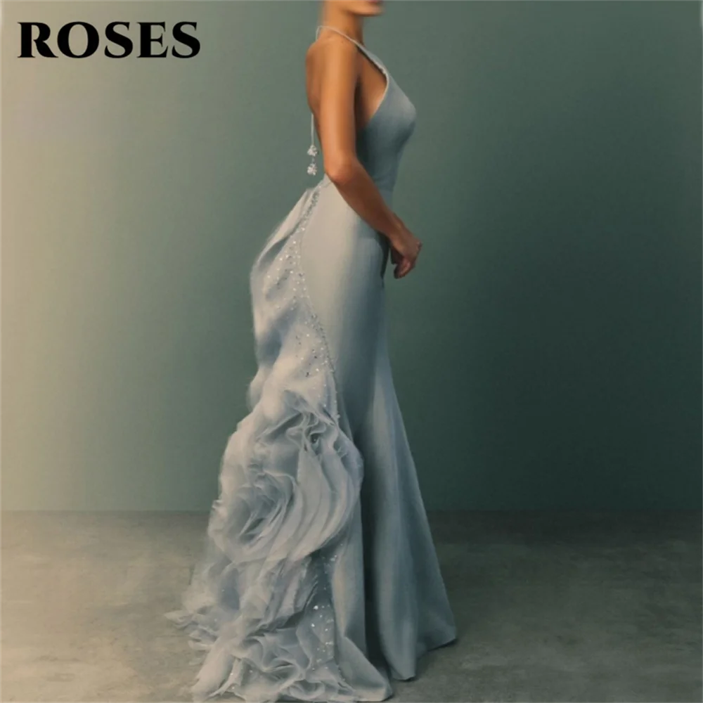 ROSES Light Blue Party Dress Elegant Halter - Neck Mermaid Prom Dresses with Ruffled Trailing Design Evening Dresses Customized