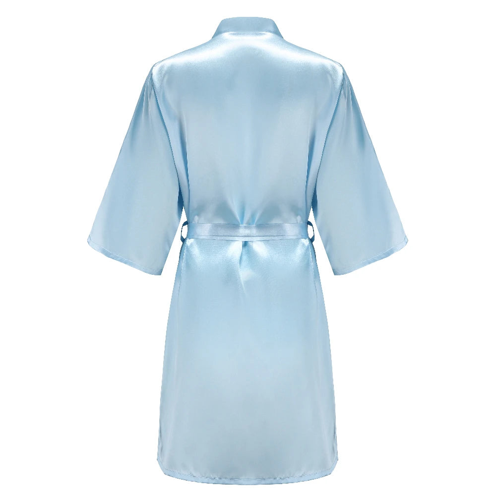Light blue women's satin robe short kimono for bride & bridesmaid, ideal for wedding party satin robe.