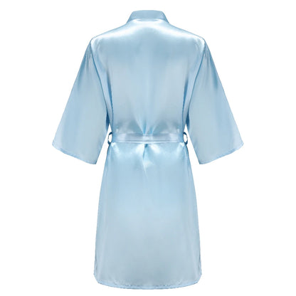 Light blue women's satin robe short kimono for bride & bridesmaid, ideal for wedding party satin robe.