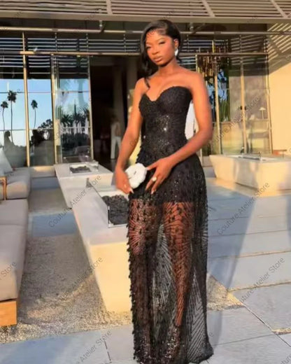 Aso Ebi Style Luxury Black Stones Evening Dresses Illusion Prom Gowns Elegant Evening Dress Wedding Party Mermaid Customized